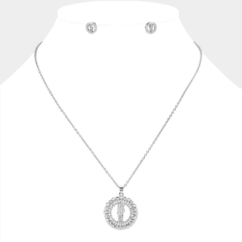 Silver San Judas Tadeo Cz Stainless Steel Rhinestone Pendant Necklace Statement